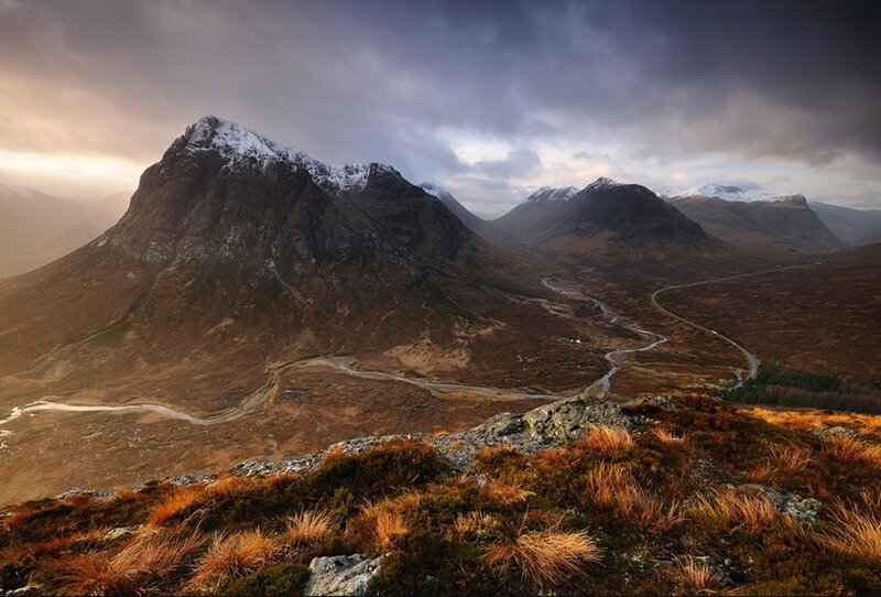 Mountain valley at sunset