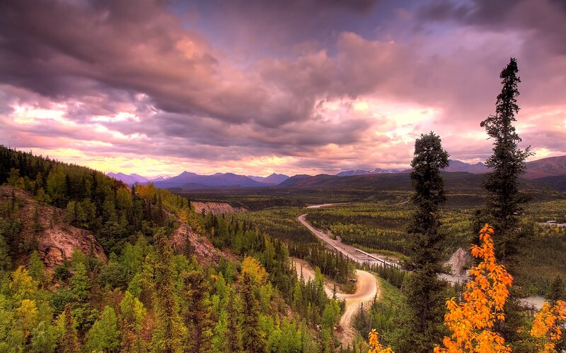 Mountain valley at sunset