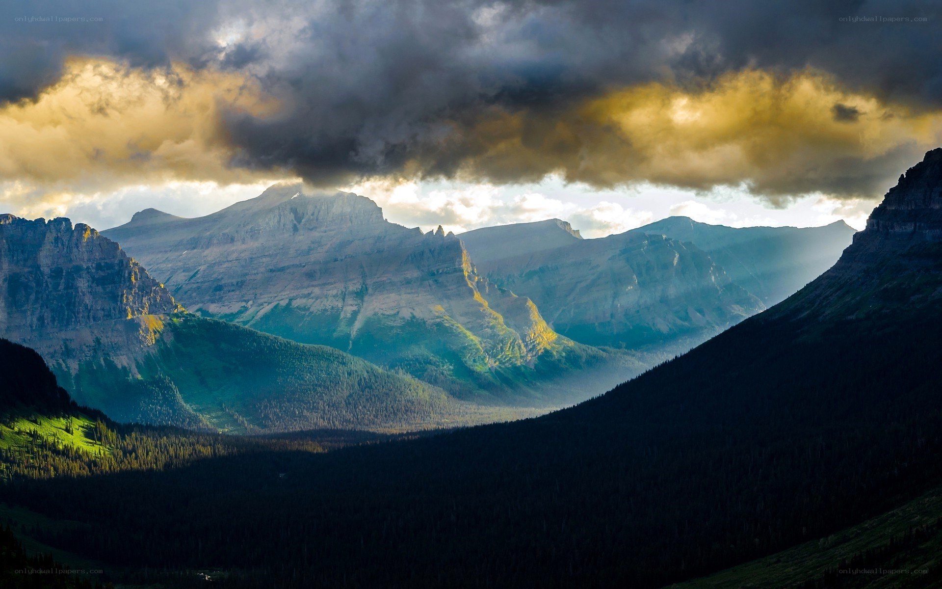 Mountain valley at sunset