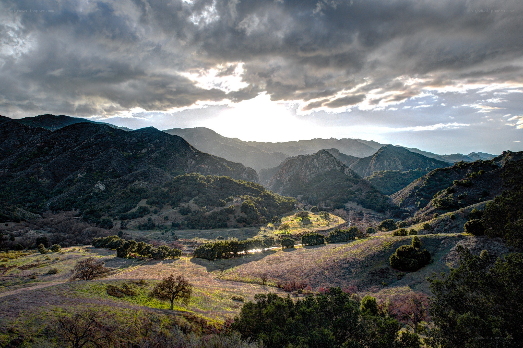 Mountain valley at sunset