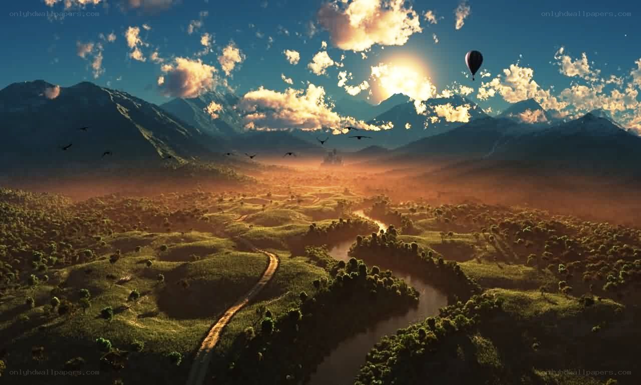 mountain valley at sunset