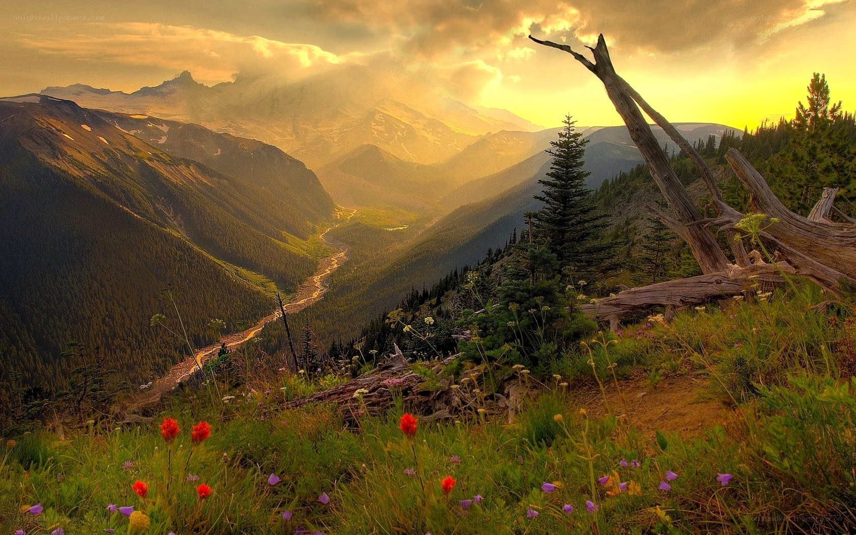 Mountain valley at sunset