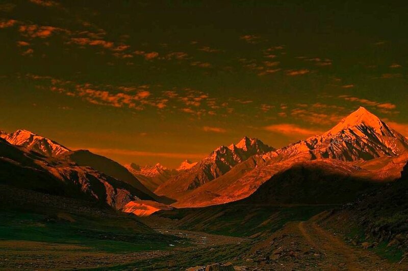 Mountain valley at sunset
