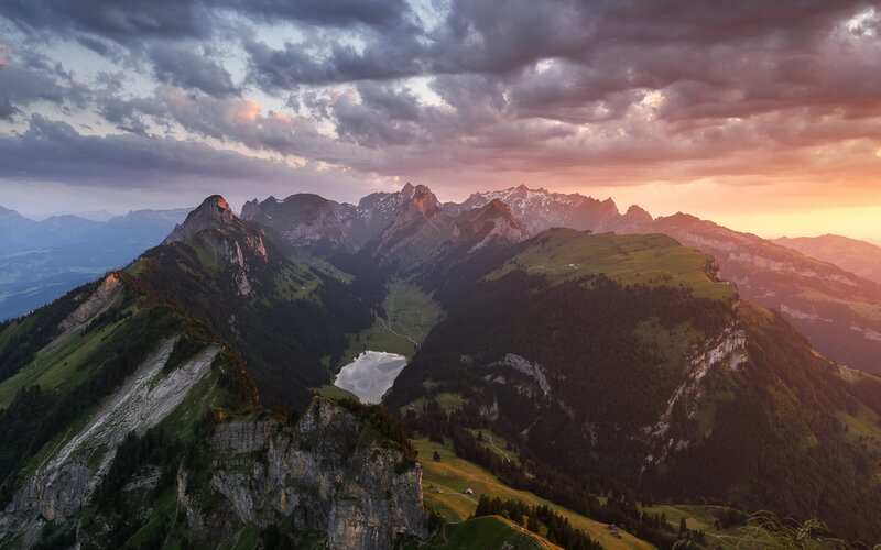 Mountain Valley at Sunset — Green, Dramatic, Photograph, Mountains