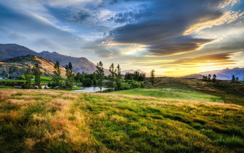Mountain Valley at Sunset — Green, Serene, Photograph, Mountains, Trees, Pond