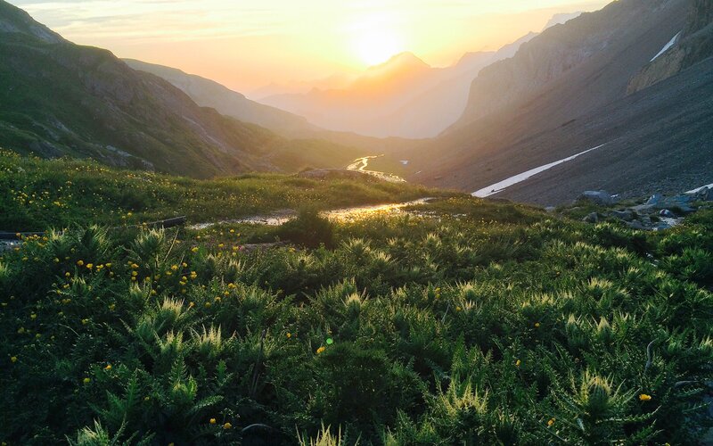 Mountain Valley at Sunset — Green, Serene, Photograph, Sun