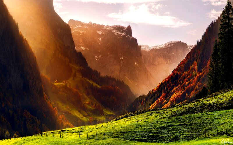 Mountain Valley at Sunset — Green, Serene, Photograph, Trees