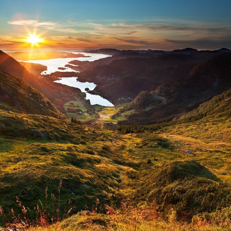Mountain Valley at Sunset — Green, Serene