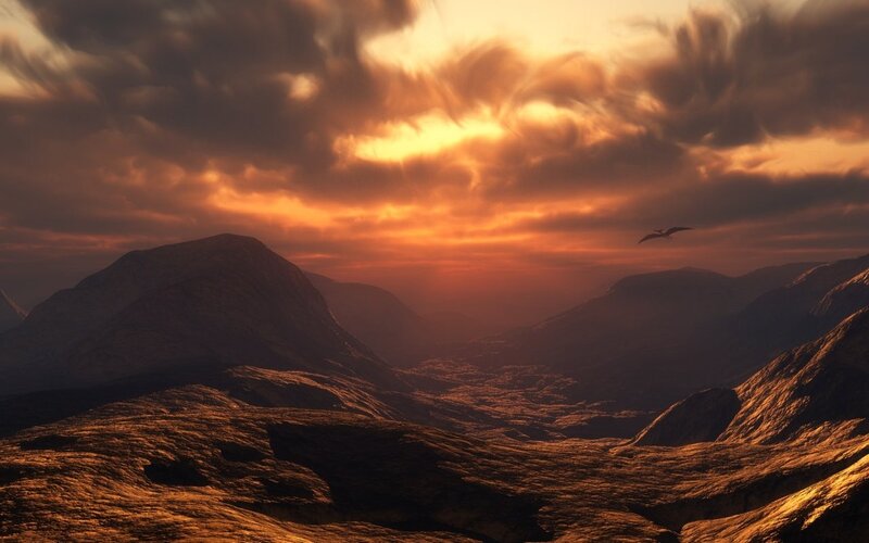 Mountain Valley at Sunset — Orange, Dramatic, 3d Render