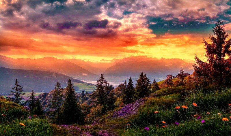 Mountain Valley at Sunset — Orange, Dramatic, Digital Art
