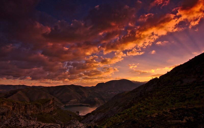 Mountain Valley at Sunset — Orange, Dramatic, Photograph, Clouds