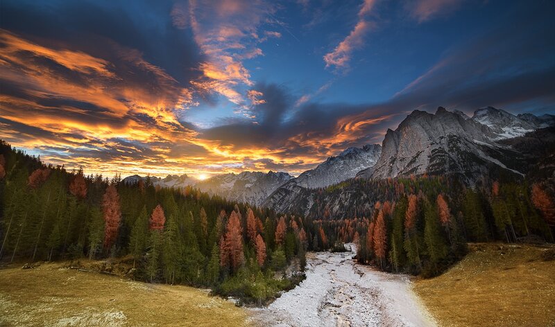 Mountain Valley at Sunset — Orange, Dramatic, Photograph, Forest
