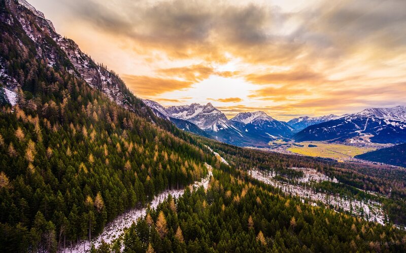 Mountain Valley at Sunset — Orange, Dramatic, Photograph, Forests, Snow