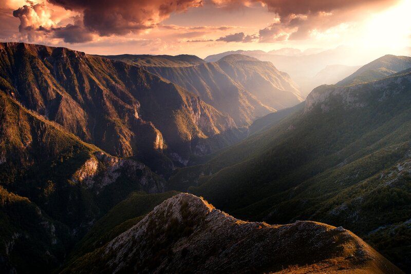 Mountain Valley at Sunset — Orange, Dramatic, Photograph, Mountains, Clouds, Sunlight