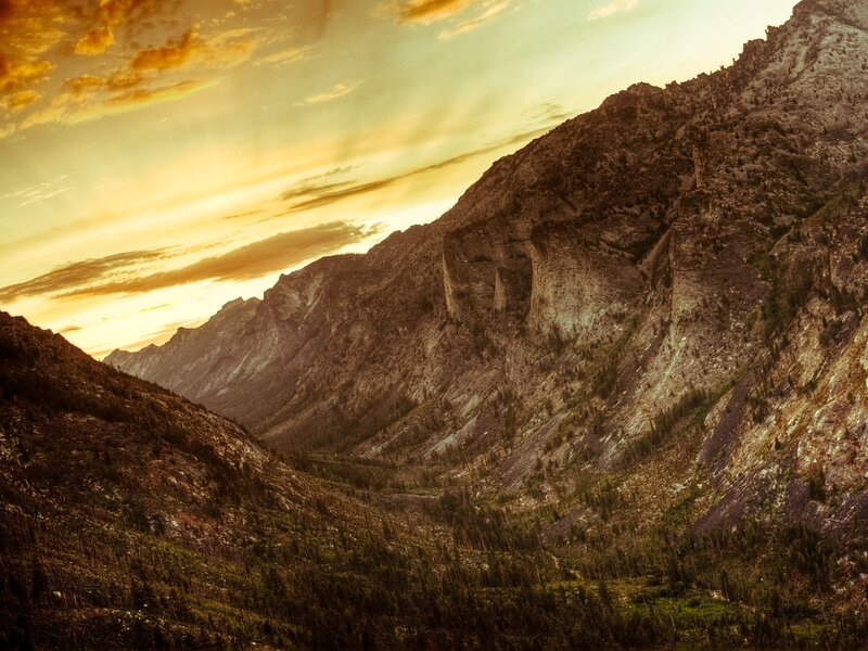 Mountain Valley at Sunset — Orange, Dramatic, Photograph, Mountains, Forest, Sky, Brown, Green