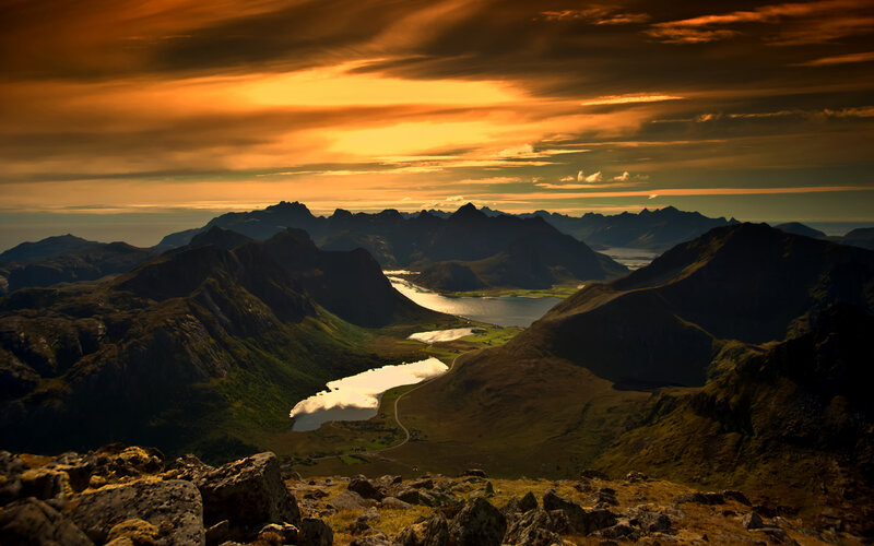 Mountain Valley at Sunset — Orange, Dramatic, Photograph, Mountains, Lake, Sky