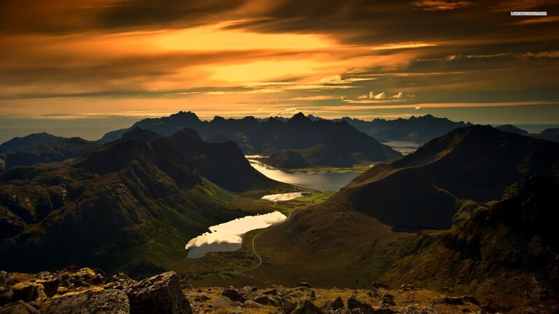 Mountain Valley at Sunset — Orange, Dramatic, Photograph, Mountains, Lake