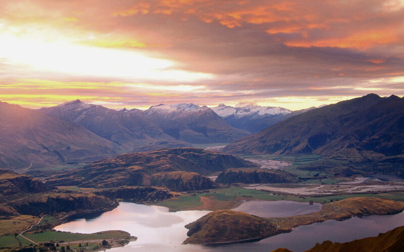 Mountain Valley at Sunset — Orange, Dramatic, Photograph, Mountains, Lakes