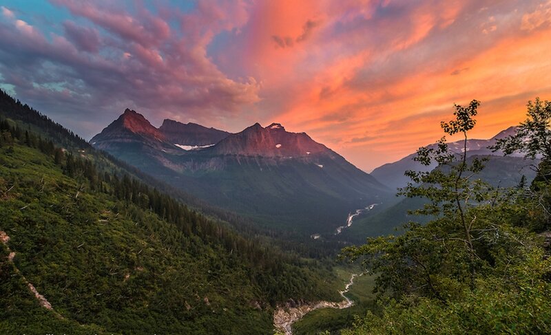 Mountain Valley at Sunset — Orange, Dramatic, Photograph, Mountains, River