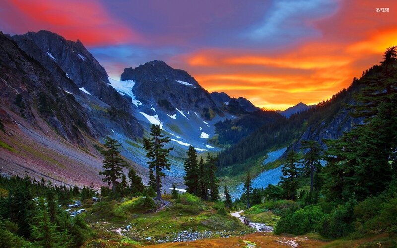 Mountain Valley at Sunset — Orange, Dramatic, Photograph, Mountains, Trees, Sky