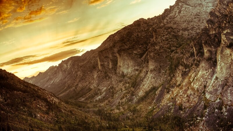 Mountain Valley at Sunset — Orange, Dramatic, Photograph, Mountains, Trees