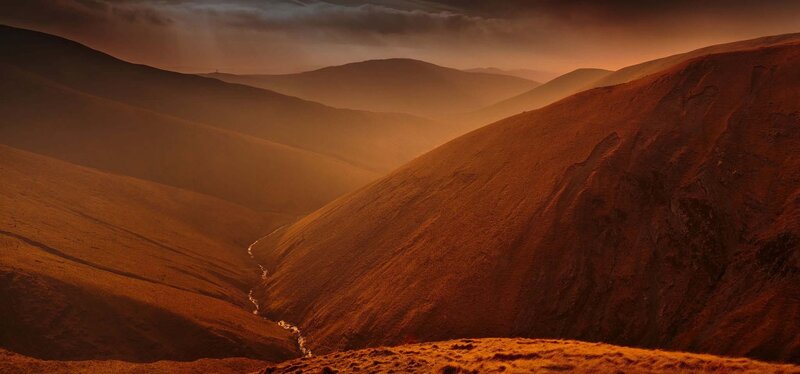 Mountain Valley at Sunset — Orange, Dramatic, Photograph, River, Hills