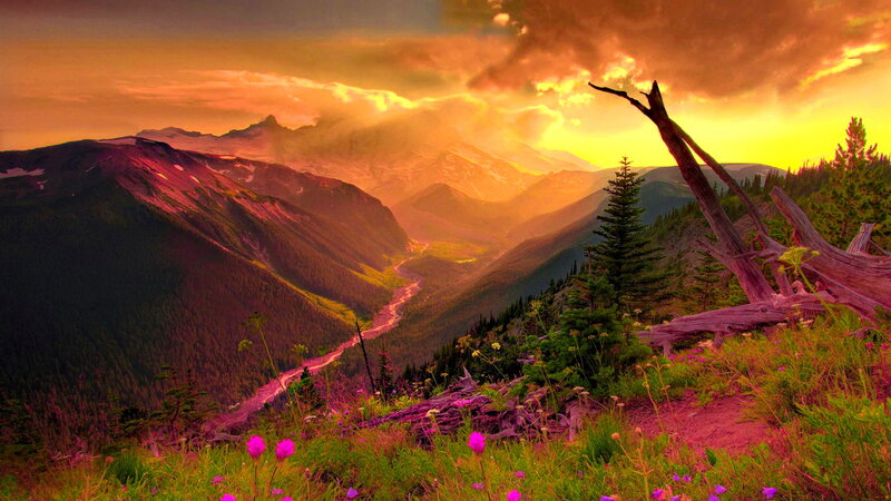 Mountain Valley at Sunset — Orange, Dramatic, Photograph, River