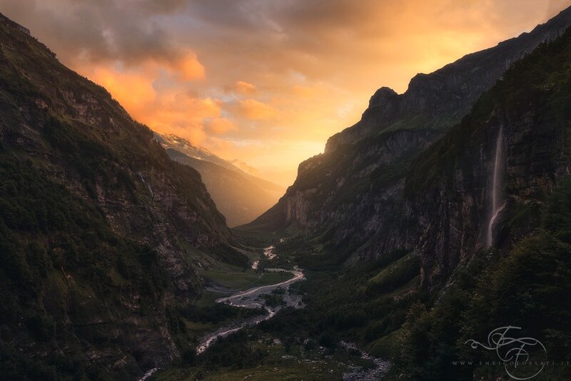 Mountain Valley at Sunset — Orange, Dramatic, Photograph, River, Waterfall