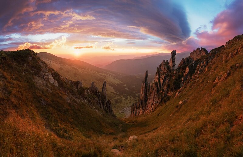 Mountain Valley at Sunset — Orange, Dramatic, Photograph, Sun, Clouds