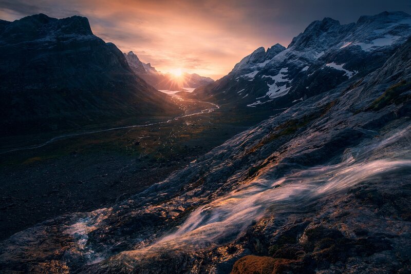Mountain Valley at Sunset — Orange, Dramatic, Photograph, Sun, River