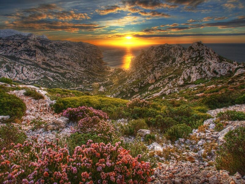 Mountain Valley at Sunset — Orange, Dramatic, Photograph, Sun