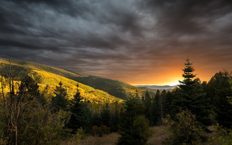 Mountain Valley at Sunset — Orange, Dramatic, Photograph, Trees, Clouds, Hills