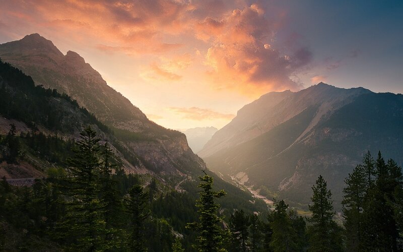 Mountain Valley at Sunset — Orange, Dramatic, Photograph, Trees, Clouds