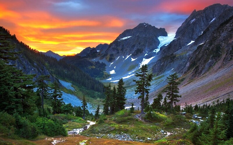 Mountain Valley at Sunset — Orange, Dramatic, Photograph, Trees, Snow, River