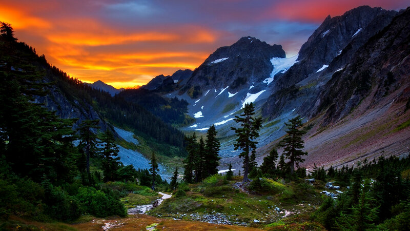 Mountain Valley at Sunset — Orange, Dramatic, Photograph, Trees