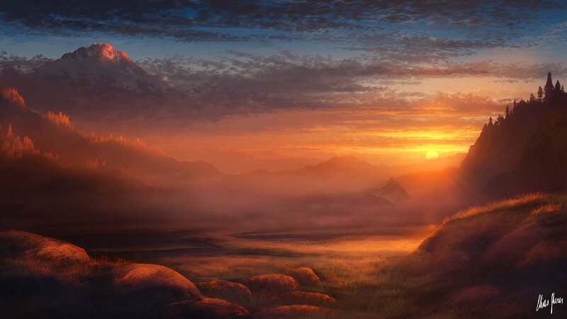 Mountain Valley at Sunset — Orange, Serene, Digital Art, Mountains