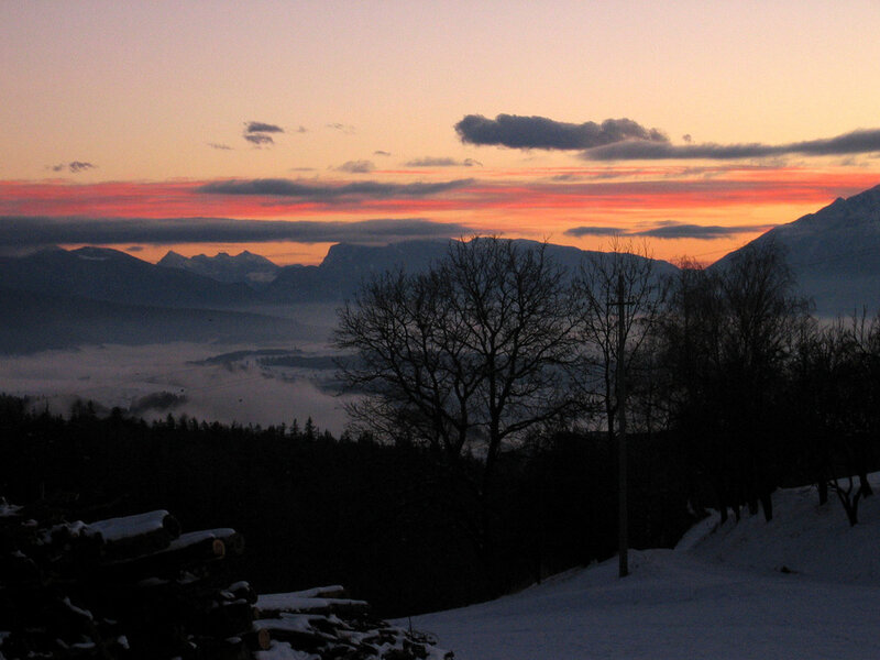 Mountain Valley at Sunset — Orange, Serene, Photograph