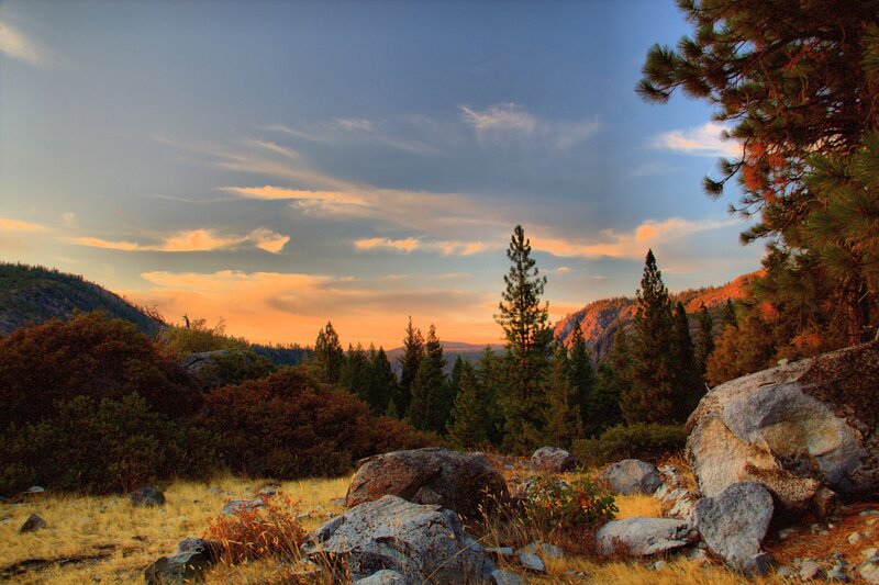 Mountain Valley at Sunset — Orange, Serene, Photograph, Trees