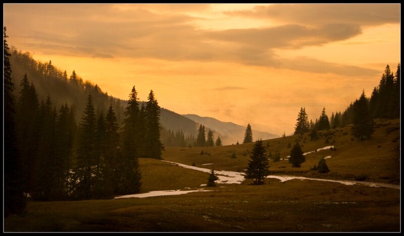 Mountain Valley at Sunset — Orange, Serene