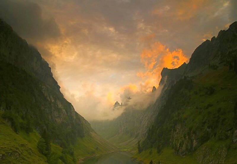 Mountain Valley at Sunset — Orange