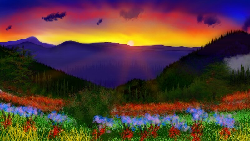 Mountain Valley at Sunset — Purple, Dramatic, Digital Art