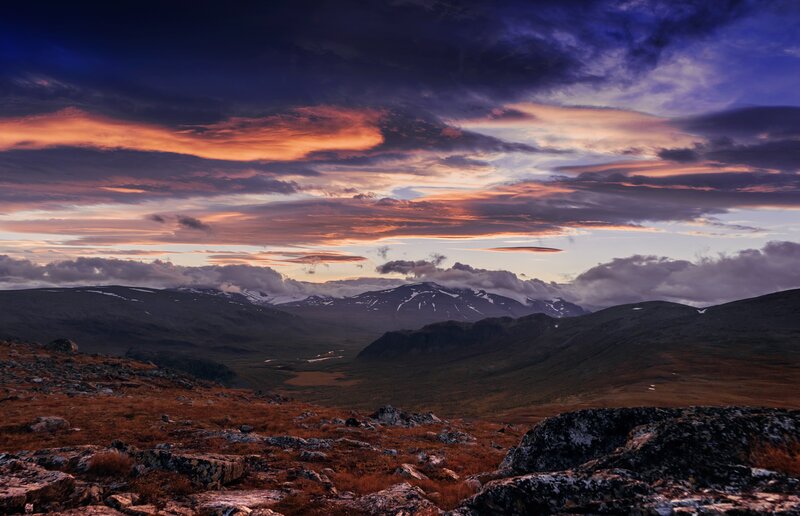 Mountain Valley at Sunset — Purple, Dramatic, Photograph, Clouds