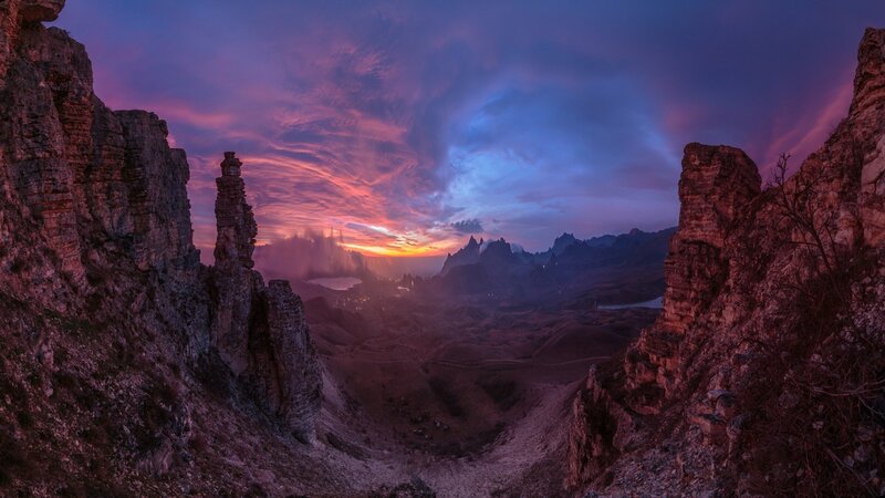 Mountain Valley at Sunset — Purple, Dramatic, Photograph, Mountains