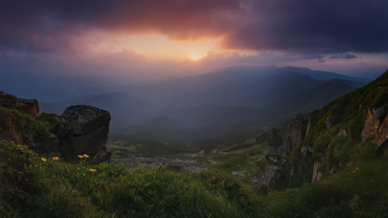 Mountain Valley at Sunset — Purple, Dramatic, Photograph, Sun