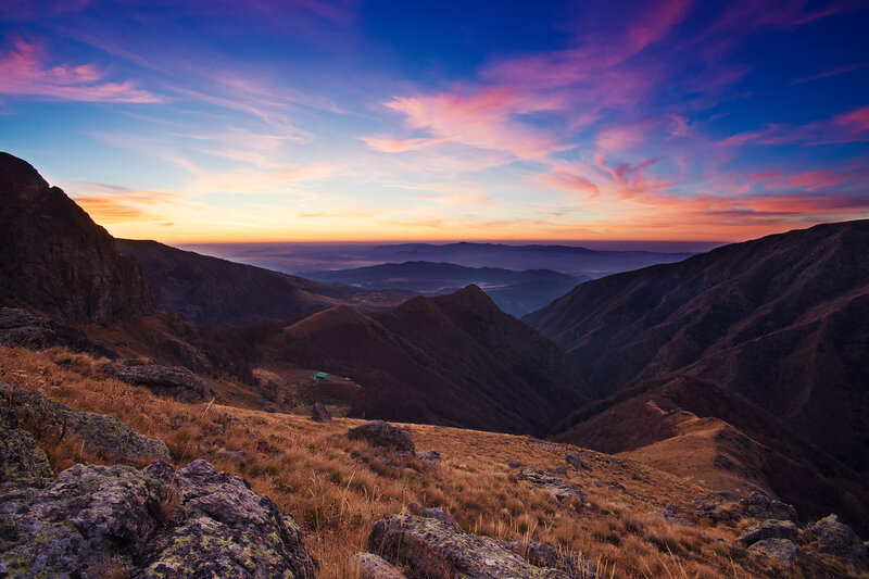 Mountain Valley at Sunset — Purple, Dramatic, Photograph