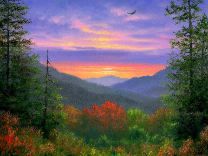 Mountain Valley at Sunset — Purple, Serene