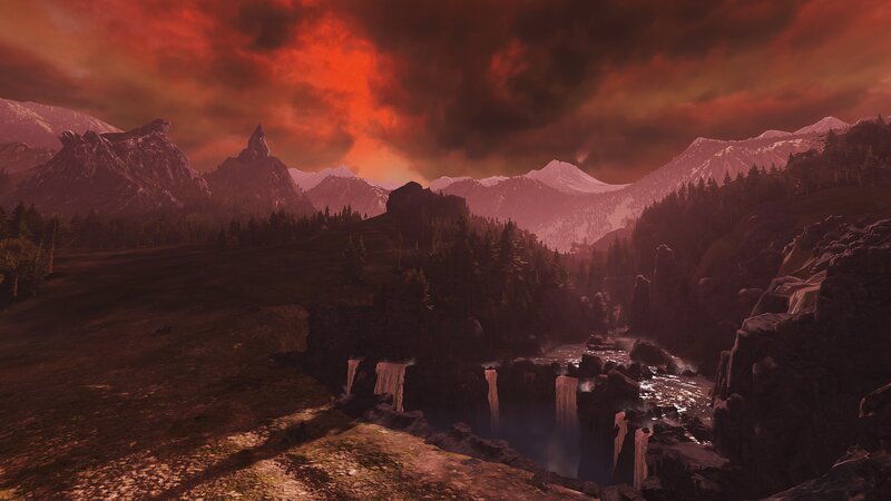 Mountain Valley at Sunset — Red, Dramatic, 3d Render