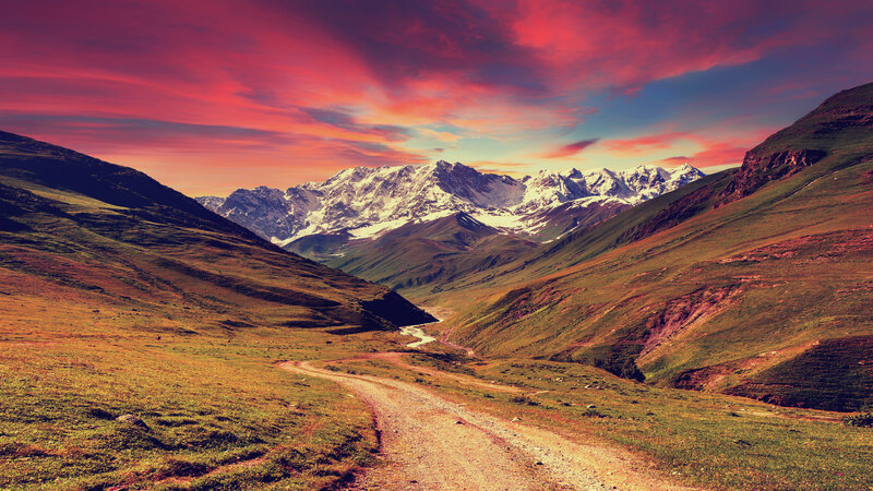 Mountain Valley at Sunset — Red, Dramatic, Photograph, Snow-capped Mountains
