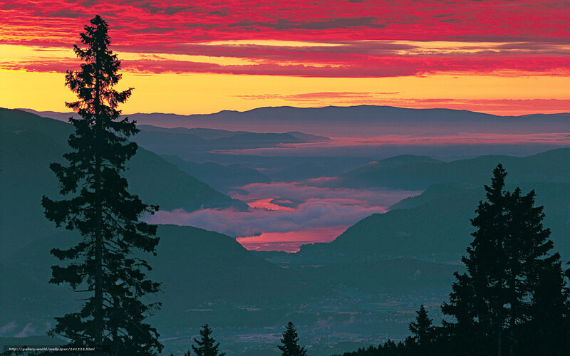 Mountain Valley at Sunset — Red, Dramatic, Photograph