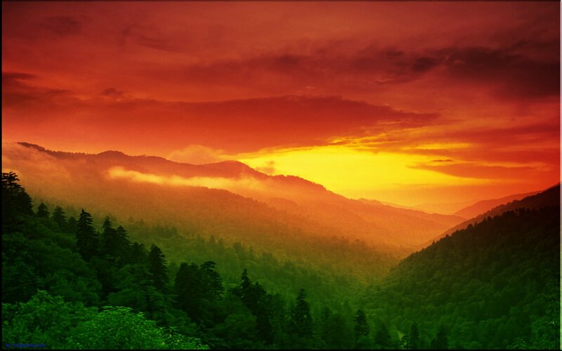 Mountain Valley at Sunset — Red